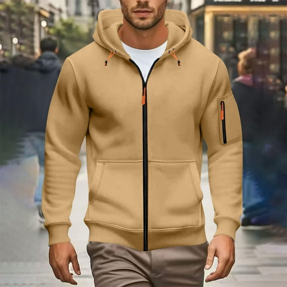 Men Men's Plus Size Winter Hooded Sweater Zipper Solid Color Casual Fashion Hooded Pockets Long Sleeved Outwear