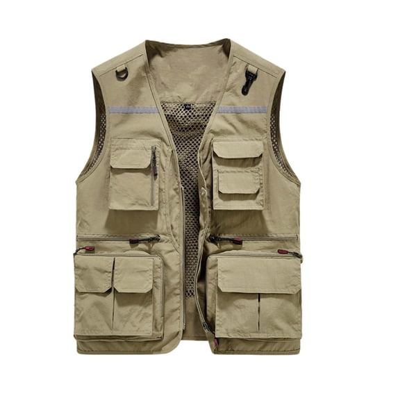 Men Mesh Breathable Multi-Pocket Vest Outdoor Travelers Fly Fishing Photography Big and Tall Size M-4XL Khaki
