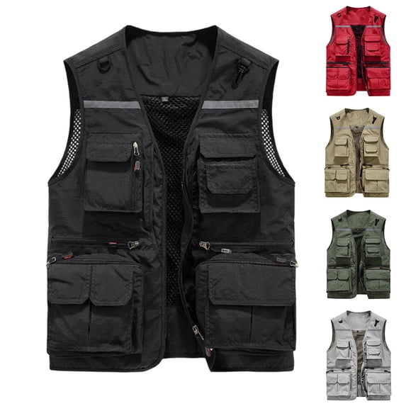 Men Mesh Breathable Multi-Pocket Vest Outdoor Travelers Fly Fishing Photography Big and Tall Size M-4XL Red