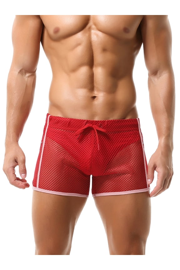 Men Mesh Short Pants Fishnet See Through Boxer Briefs Shorts Fitness Workout Hollow Trunks Underwear Drawstring Lounge Boxer Briefs Underpants