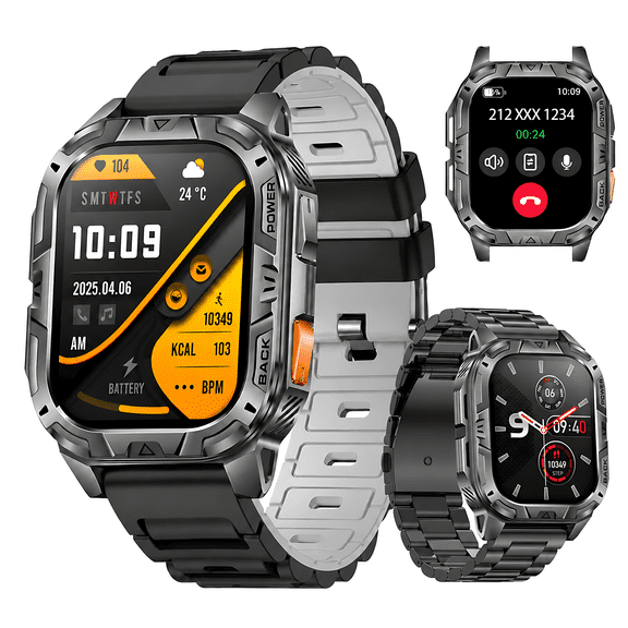 Men Military Smart Watch with LED Flashlight, 2.01" Display, Answer/Make Calls, 900mAh Battery, IP68 Waterproof Fitness Tracker for Men Android iOS (2 Bands)