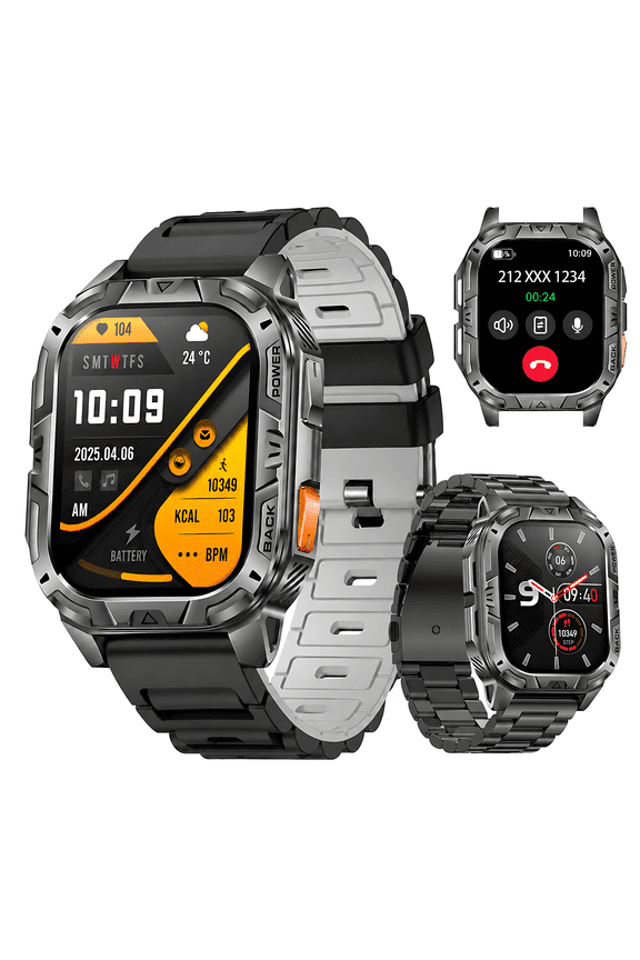 Men Military Smart Watch with LED Flashlight, 2.01" Display, Answer/Make Calls, 900mAh Battery, IP68 Waterproof Fitness Tracker for Men Android iOS (2 Bands)
