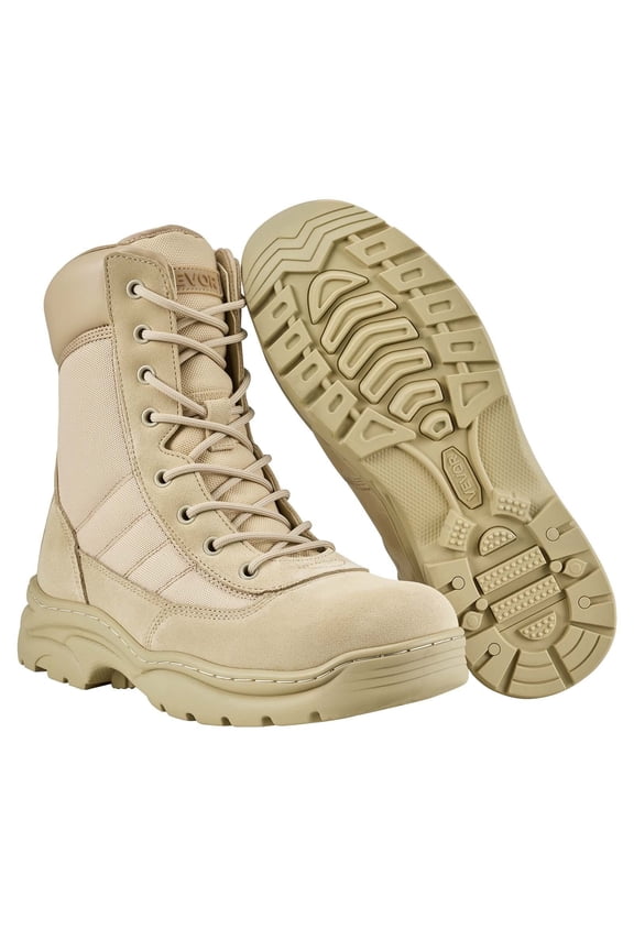 Men Military Tactical Boots 8 Inch Lightweight Breathable Side Zipper Combat Hiking Work Motorcycle Boots Outdoor Security US Size 10 Sand