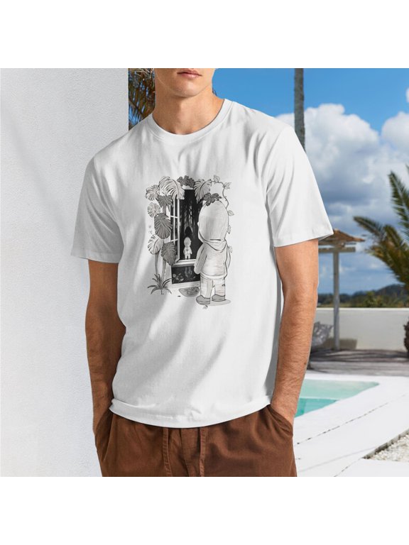 Men Minimal Black White Sketch Hooded Boy Tropical Leaf Mirror Frame Crew Neck T-Shirt, Surreal Chill Cartoon Poly Cotton Casual Short Sleeve Tee