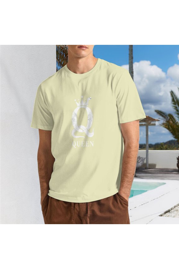 Men Minimal Vintage Letter Q Crown Wrapped Snake "QUEEN" Crew Neck T-Shirt, Simple Luxury Street Poly Cotton Casual Short Sleeve Tee