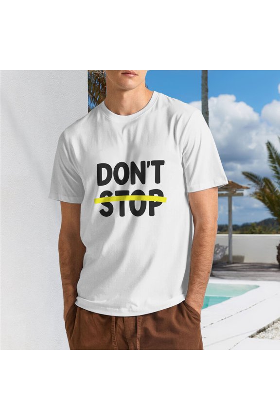 Men Minimalist "Don’t Stop" Distressed Bold Letter Crew Neck T-Shirt, Motivational Yellow Line Slogan Poly Cotton Casual Short Sleeve Tee