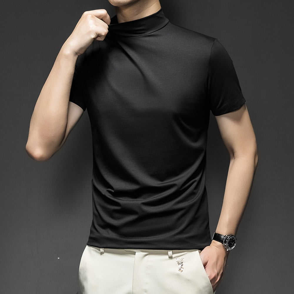 Men Mock Neck Basic Plain T-shirt Blouse Pullover Short Sleeve Top ...
