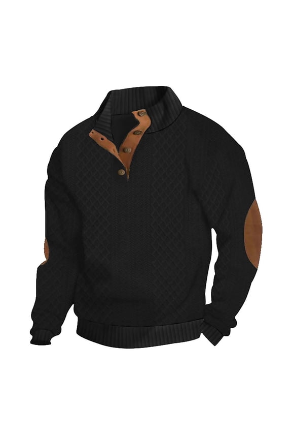 Casual Knit Sweater for Men with Stand Collar Buttons and Leather Elbow Accents Black M