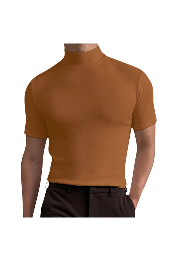 Men Mock Neck Compression Shirt Tight Fit High Elasticity Short Sleeve Solid Color Gym Workout Under Base Brown