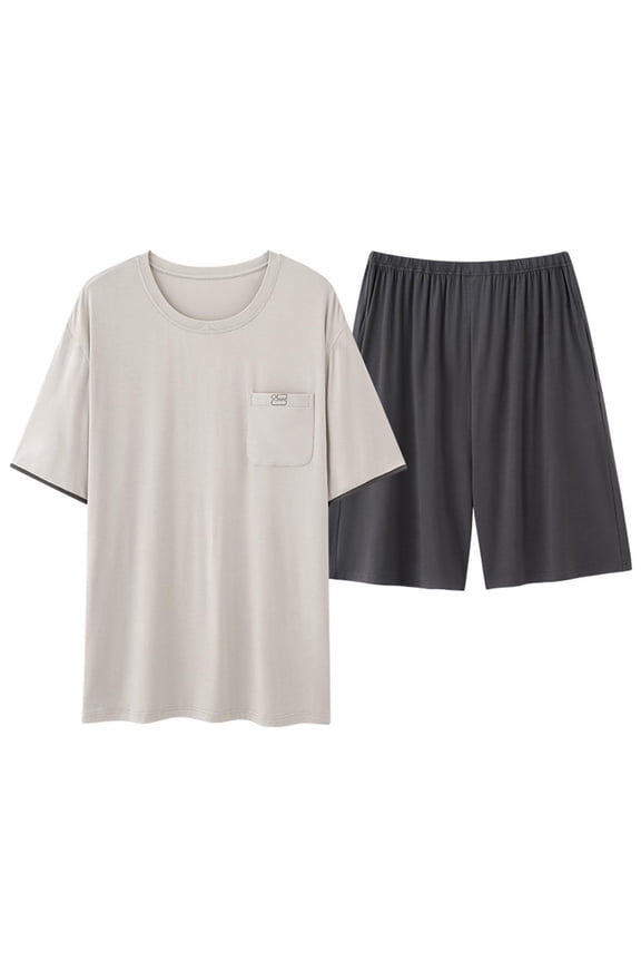 Men Modal Pajamas Set Comfy Sleepwear Short Sleeve Shorts Pjs Set Soft 2 Piece Lounge Set Cozy Nightwear with Pockets Khaki