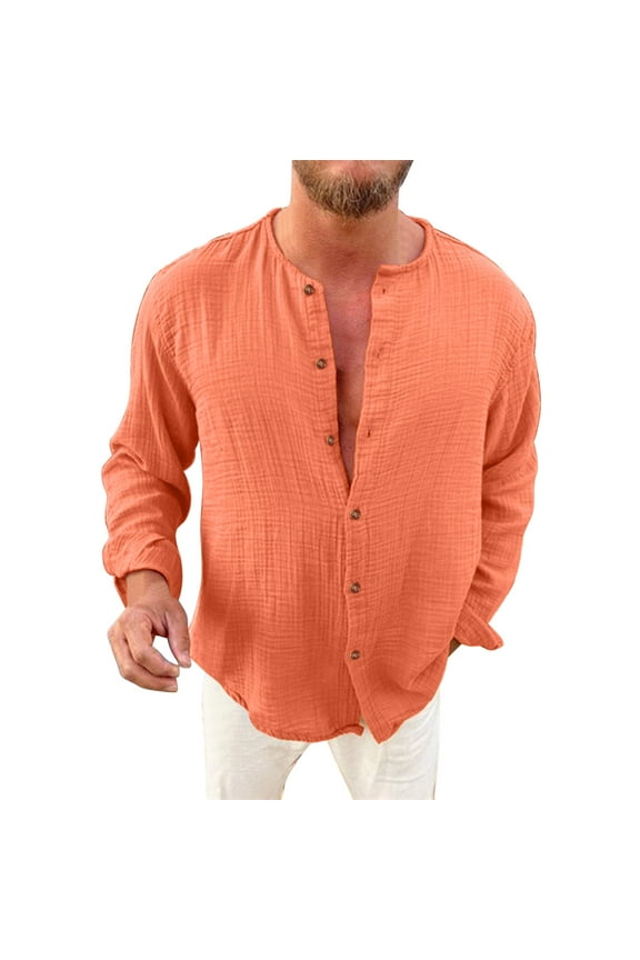 Men Modern Fit Dress Shirts Autumn Solid Color Fold Collarless Long Sleeve Button Casual Fashion Shirt Lightweight Elegant Golf Tops Modern New Dailywear Clothes