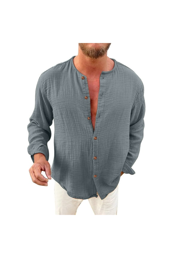 Men Modern Fit Dress Shirts Autumn Solid Color Fold Collarless Long Sleeve Button Casual Fashion Shirt Lightweight Elegant Golf Tops Modern New Dailywear Clothes