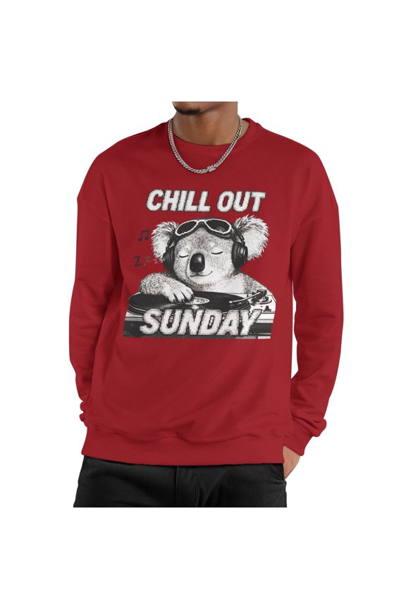 Men Monochrome Sketch Chill Out Sunday Sleepy Koala DJ Headphones Vintage Vinyl Turntable Crew Neck Sweatshirt, Relax Weekend Music Animal Fleece Pullover
