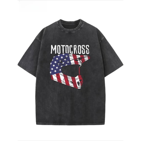 Men Motocross Tee Black S-2XL Vintage Washed Short Sleeve Cotton T-Shirt Top Biker Style Plus Size