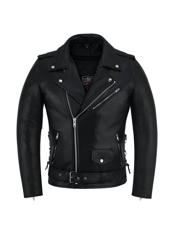Men Motorcycle Brando Leather Jacket Distressed Zip Up Side Lacing Motorbike Jackets Black-40