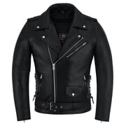 Men Motorcycle Brando Leather Jacket Distressed Zip Up Side Lacing Motorbike Jackets Black-48