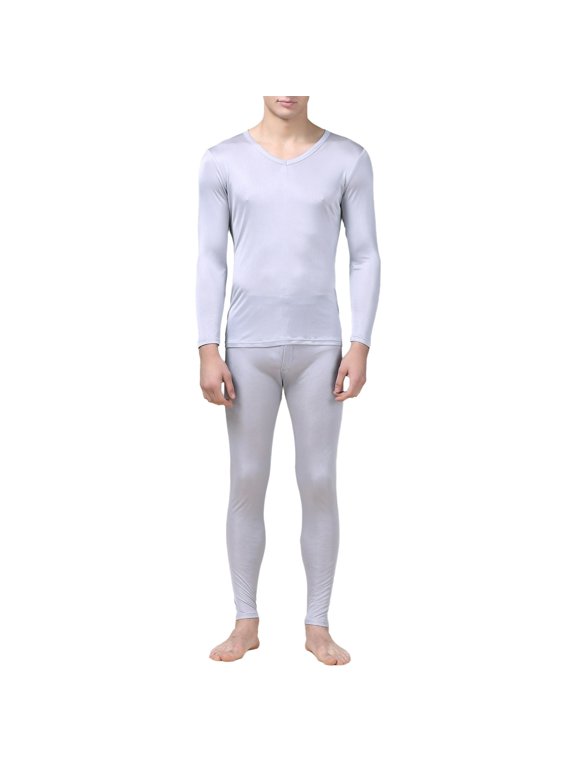 Men Mulberry Silk Long Johns Thermal Underwear V Neck Lightweight Long Johns Base Layer Set