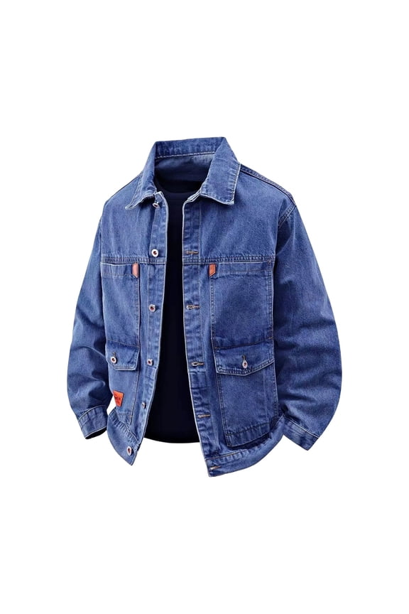 Men Multi Cargo Pocket Denim Trucker Jacket, Button Down Lapel Long Sleeve Vintage Loose Fit Jean Coat Blue M(M)