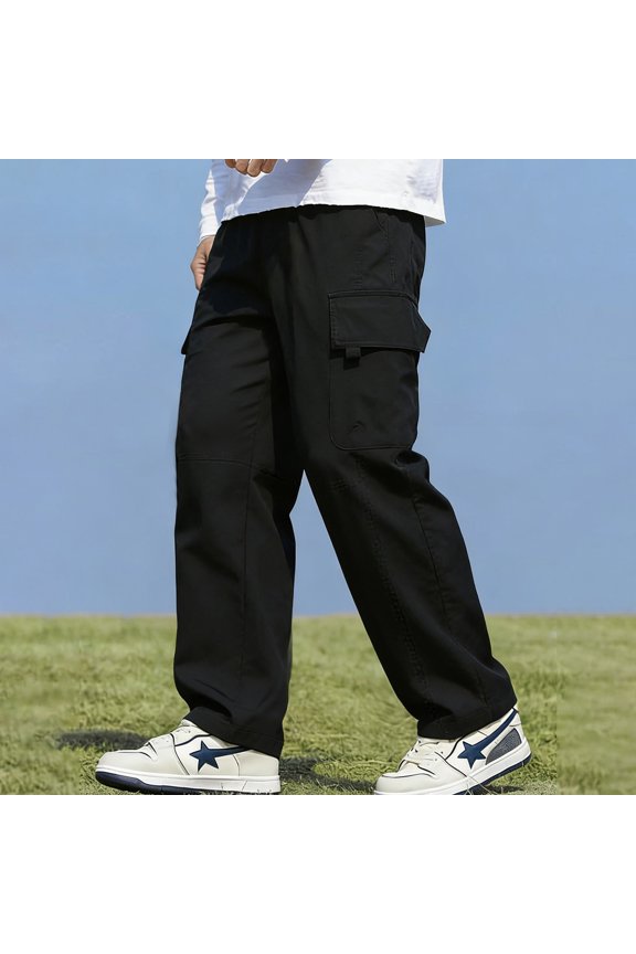 Men Multi Pocket Cargo Pants Elastic Drawstring Waist Baggy Street Hip Hop Casual Pants
