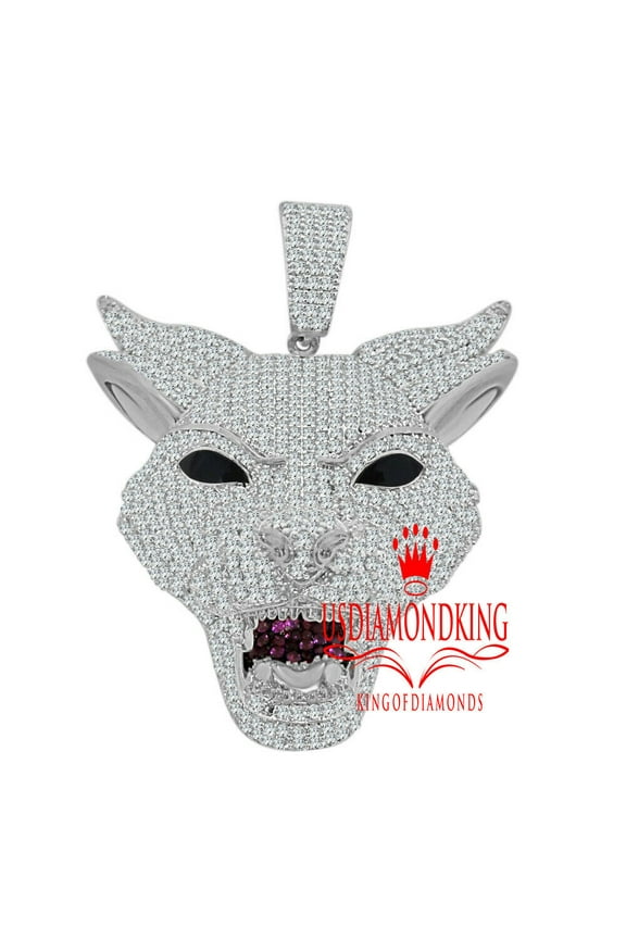 Men Multi White Tone Pewter Wolf Head Pendant Simulated Diamond Lion Charm 2''