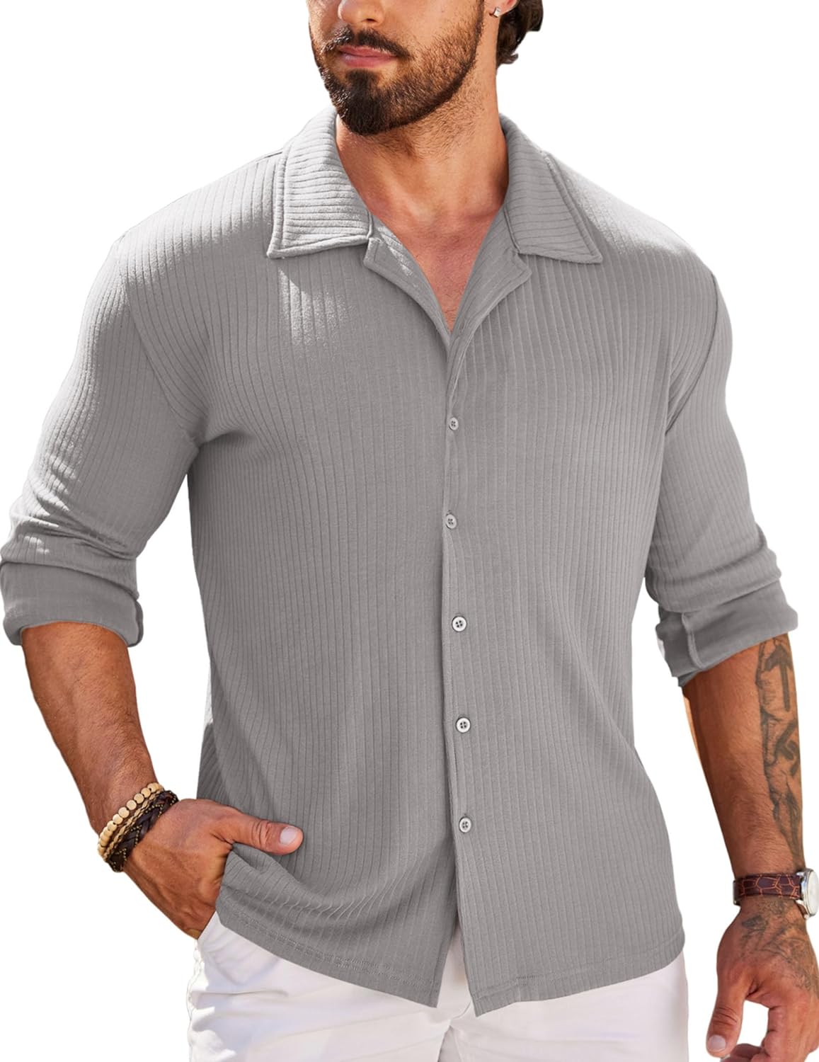 Men Muscle Fit Dress Shirts Knit Button Up Shirts Slim Fit Ribbed
