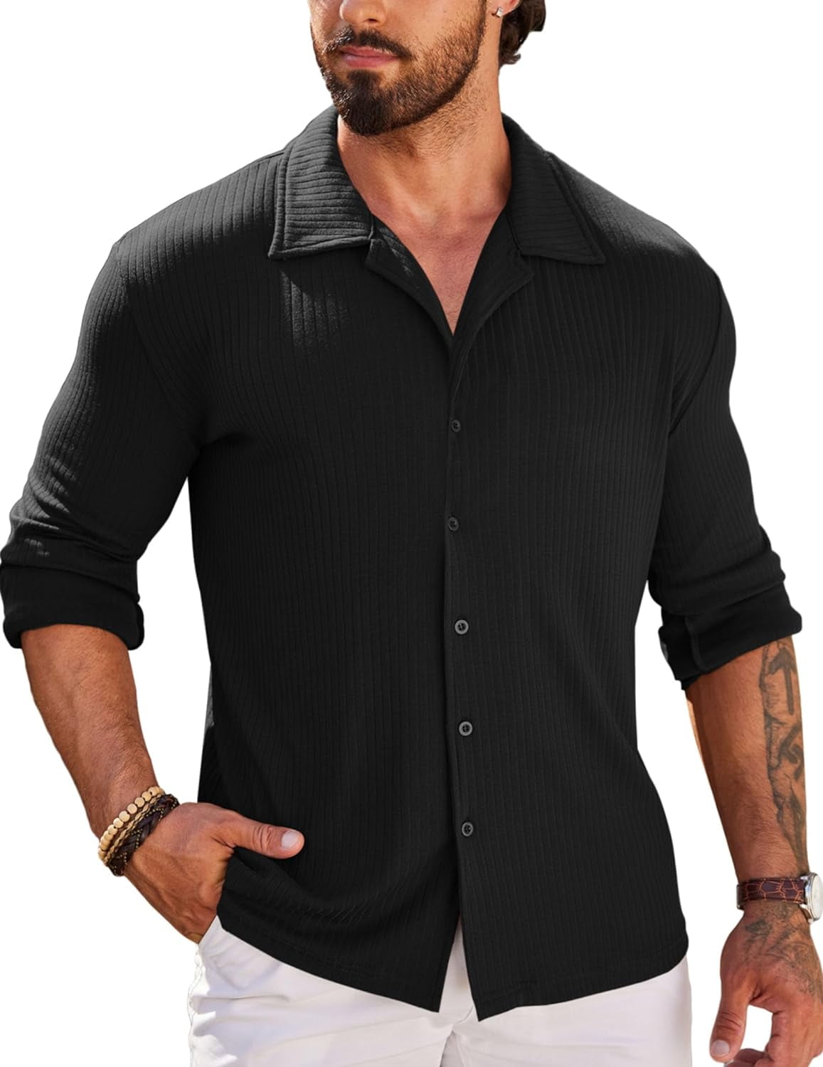 Men Muscle Fit Dress Shirts Knit Button Up Shirts Slim Fit Ribbed
