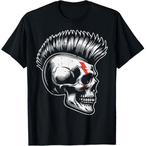 Men Music Rocker Skull Mohawk Red Bolt Rock Graphic T-Shirt, Size S-5XL