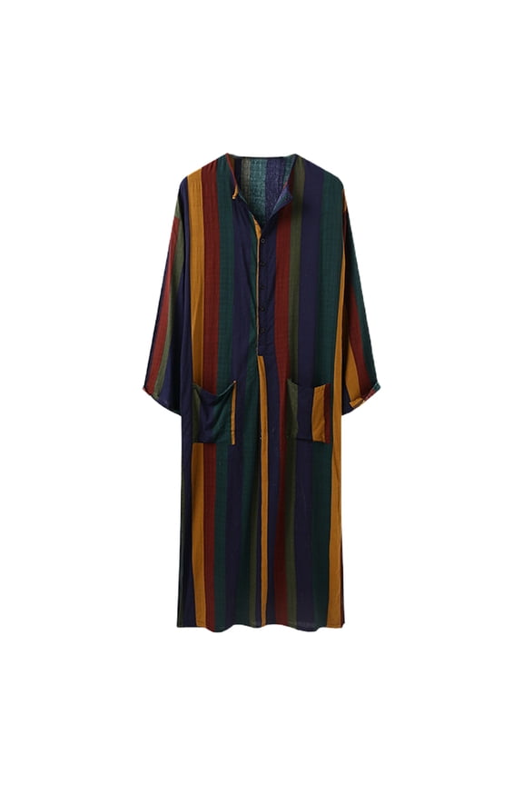 Men Muslim Colorful Striped Kaftan Robe Arabic Long Sleeve Buttons Maxi Loose Tunic Tops with Pockets Dubai Clothing