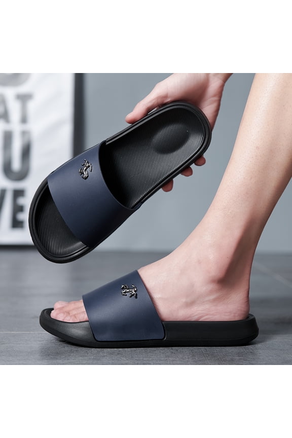 Men Navy Blue Single Wide Strap Slide Sandals Metal Dragon Emblem Massage Insole Two-Tone Thick EVA Non-Slip Casual Slippers