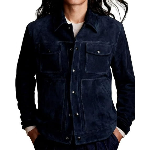 Men Navy Blue Suede Leather Jacket Casual Stylish Shirt Coat Overcoat A294