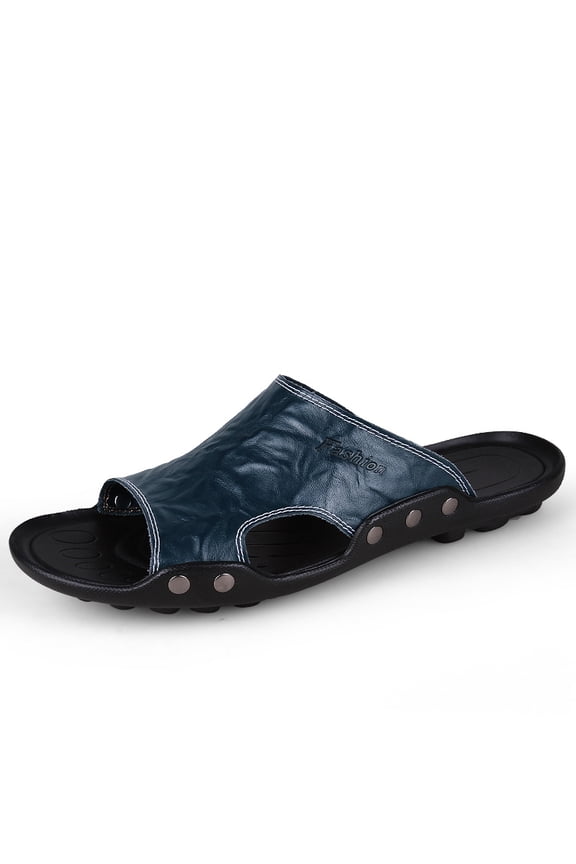 Men Navy Blue Wrinkle Leather Hollow Slide Sandals Metal Rivet Shock Absorbing Massage Insole Casual Slippers