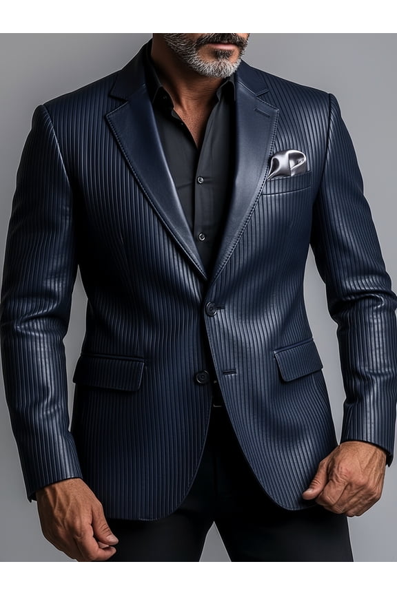 Men Navy Vertical Pinstripe PU Leather Blazer Notch Lapel Two Button Slim Fit Business Casual Fall Jacket