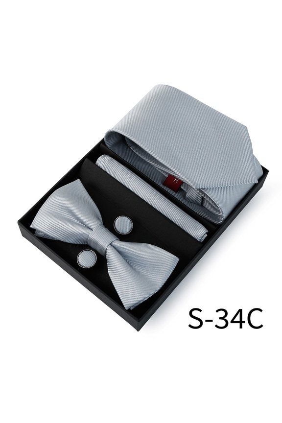 Men Neck Tie Bowtie Cufflink Pocket Square Handkerchief Set Wedding With Box