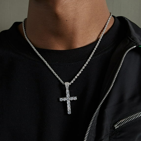 Men Necklace Sparkling Rhinestones Pendant Sweater Chain Hip Hop Style Titanium Steel Charm Necklace Jewelry Gift