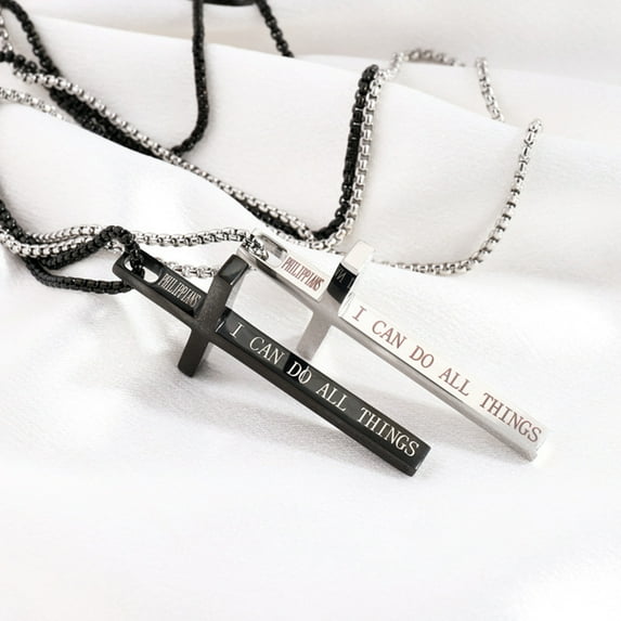 Men Necklace Stainless Steel Cross Charm Necklace "I Can Do All Things Through Christ" Lightweight Pendant Necklace