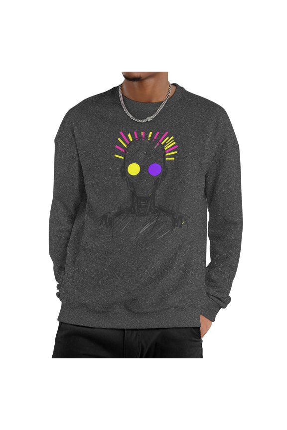 Men Neon Pink Yellow Burst Wireframe Robot Skeleton Two-Tone Yellow Purple Eyes Pop Sketch Crew Neck Sweatshirt, Cyber Tech Urban Fleece Pullover