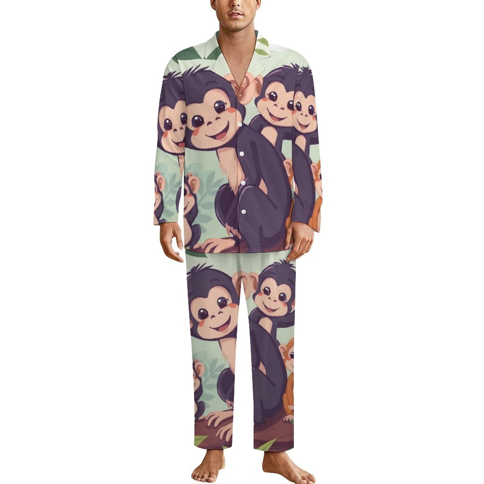 Men Nightwear Two Piece Monkey Family Jungle Fun Pajama Sets Long ...