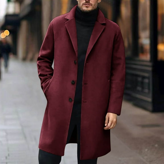 Men Notched Lapel Collar Double Breasted Pea Coat Winter Wool Blend Over Coats Long Jackets Wine XS