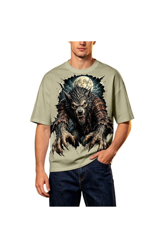 Men Novelty Wolf Graphic Crew Neck T-Shirt, Loose Fit Halloween Print Short Sleeve Casual Tee for Party Daily Street Wear(Khaki,XXL)