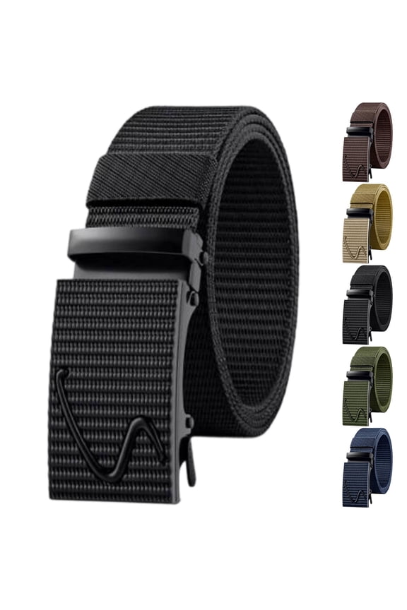 Men Nylon Canvas Automatic Buckle Belt, Quick Release Tactical Webbing Belt Outdoor Casual Adjustable Waist Strap for Jeans Pants Black