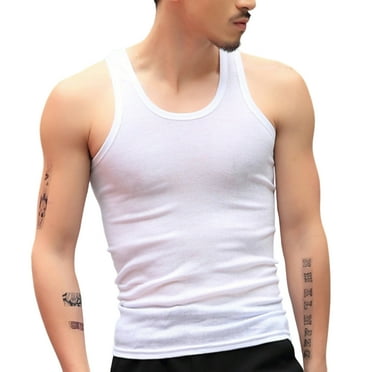 Men O-neck Sleeveless Tank Tops Solid Color Slim Fit Fitness Gym Workout Undershirt Bodybuilding Running Vest -L,White