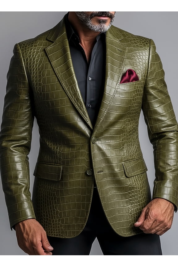 Men Olive Green Croc Embossed Faux Leather Blazer Notch Lapel Two Button All Season Light Business Jacket