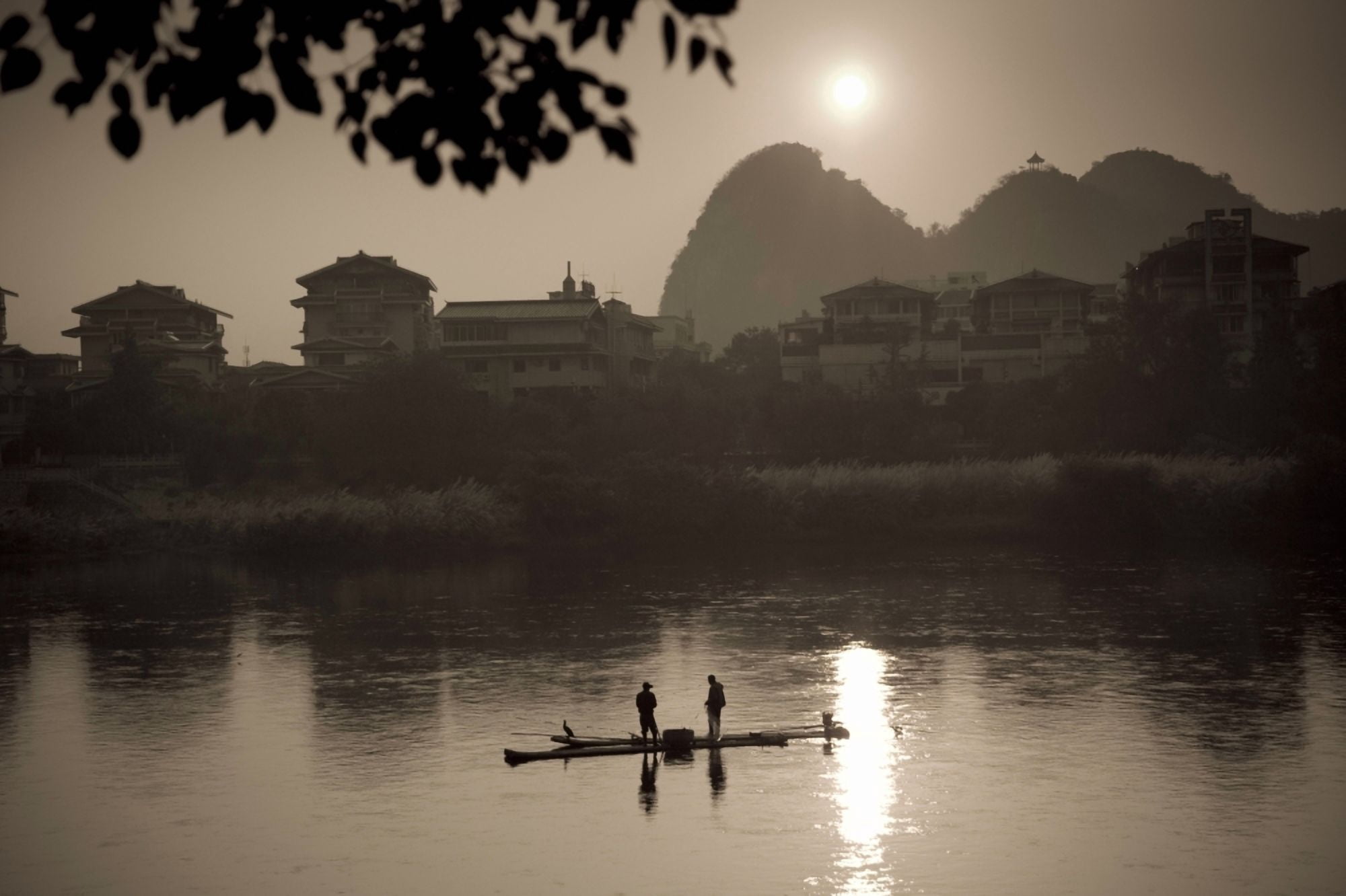 Men On A Raft Fishing Guangxi ZhuangChina Canvas Art - Keith Levit Design Pics (20 x 13)