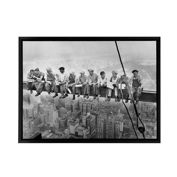 Men On Girder Lunch Atop A Skyscraper Photo Black Framed Canvas Art Print 12X16"