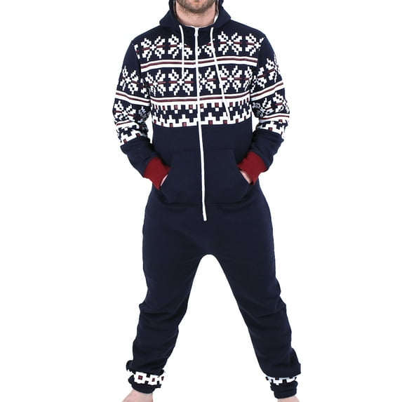 Men One Piece Non Footed Printed Pajamas, Adult Sleepwear with Hood Unisex Playsuit