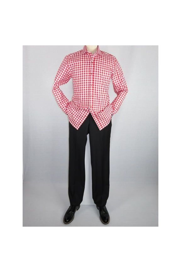 Men Oscar Banks All Cotton Shirt English Spread Collar Plaid Checker 5949 Red