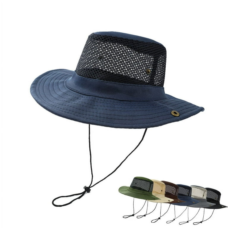 Men Outdoor Beach Seaside Sun Shade Breathable Bucket Hat Male Summer  Fishing Trekking Mesh Fisherman Cap,Navy blue
