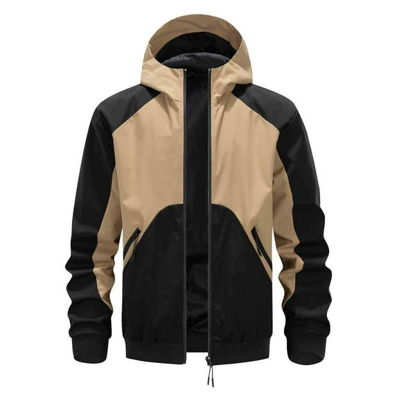 Men Outdoor Jackets Hooded Full Zipper Color Block Windbreaker Stylish Casual Loose Sports Outwear With Zip Pockets (XS, Black)