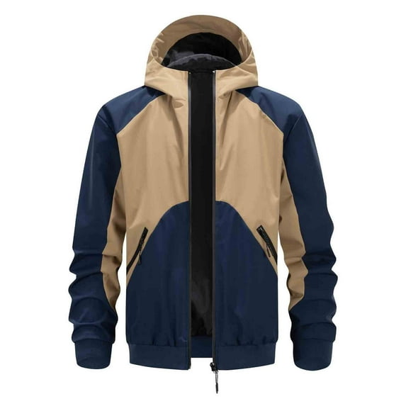 Men Outdoor Jackets Hooded Full Zipper Color Block Windbreaker Stylish Casual Loose Sports Outwear With Zip Pockets (XS, Dark Blue)
