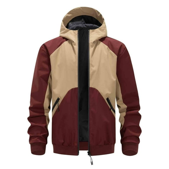Men Outdoor Jackets Hooded Full Zipper Color Block Windbreaker Stylish Casual Loose Sports Outwear With Zip Pockets (XS, Wine)